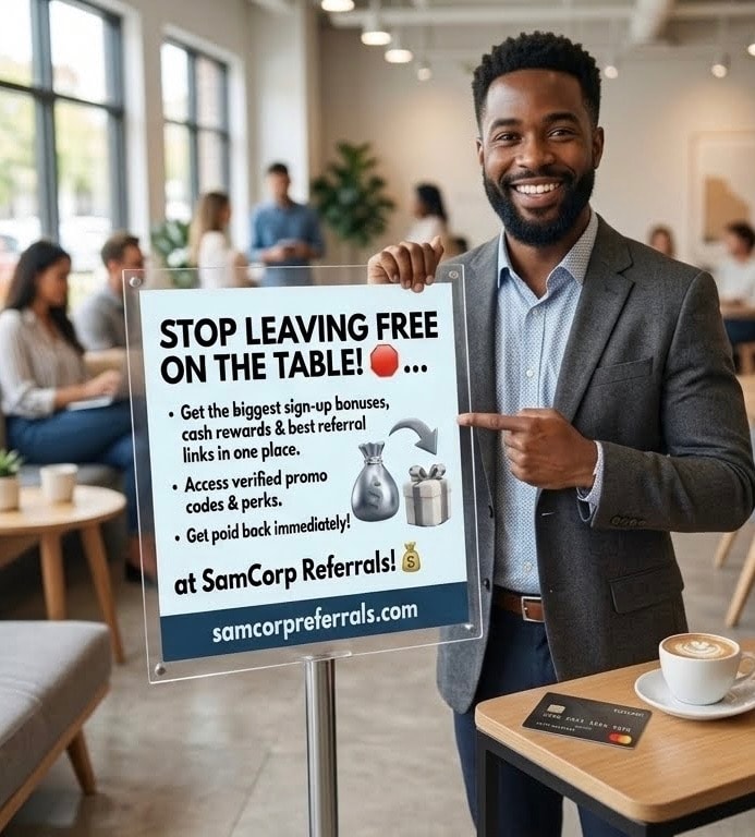 Man in cafe holding SamCorp Referrals sign