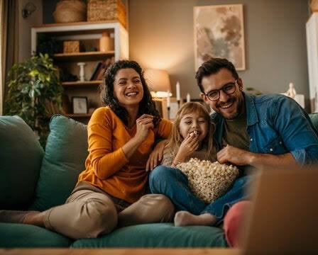Family enjoying movie night on the couch with popcorn