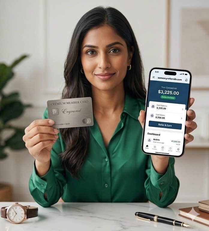 Woman holding premium member card and SamCorp Referrals app